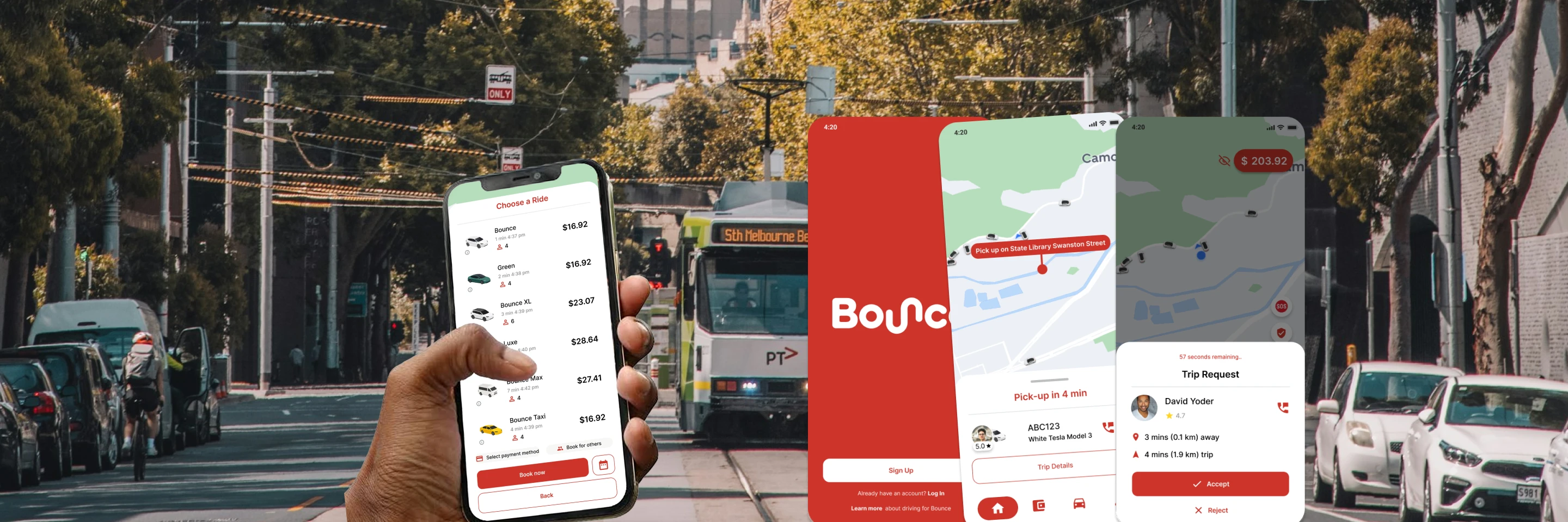 Bounce rider and driver app screens over a Melbourne tram street, with a hand holding the rider app