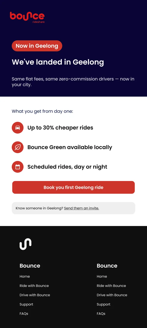 Bounce email: Geelong launch announcement