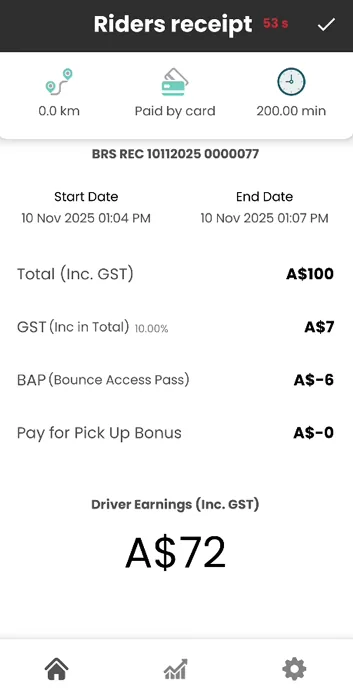 Old Bounce driver app screen: riders receipt