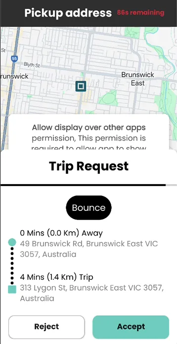 Old Bounce driver app screen: trip request