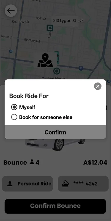 Old Bounce rider app screen: book ride for