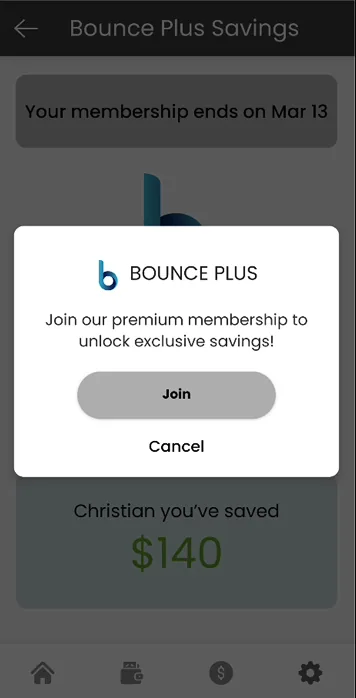 Old Bounce rider app screen: bounce plus modal