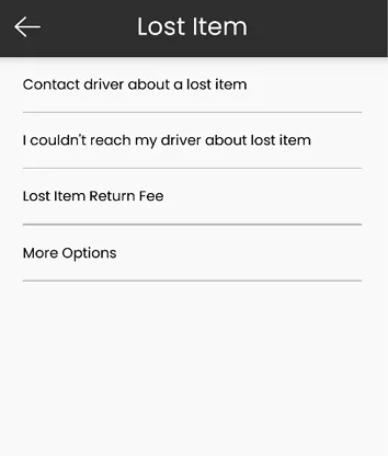 Old Bounce rider app screen: lost item