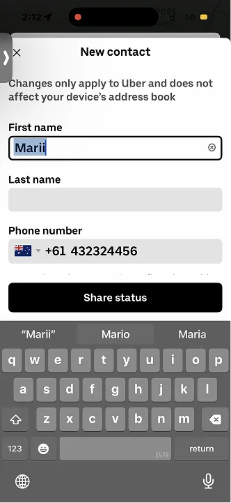 Old Bounce rider app screen: new contact