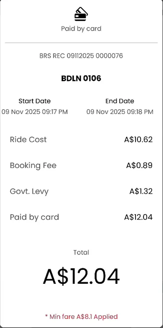 Old Bounce rider app screen: receipt