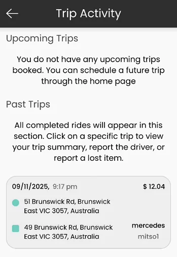 Old Bounce rider app screen: trip activity