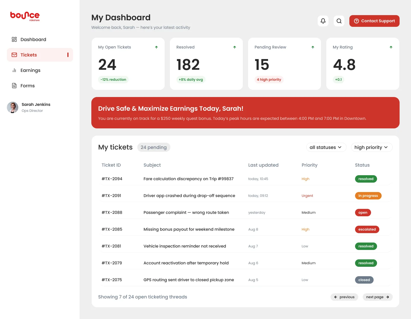 Driver portal, Tickets page