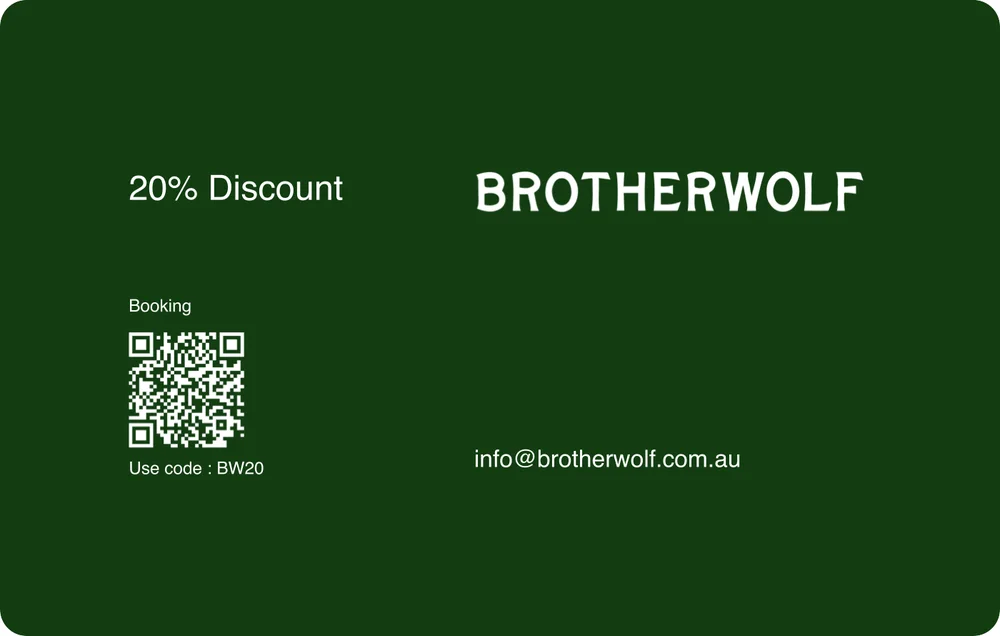 Brotherwolf green business card with a 20 percent discount, QR code and email
