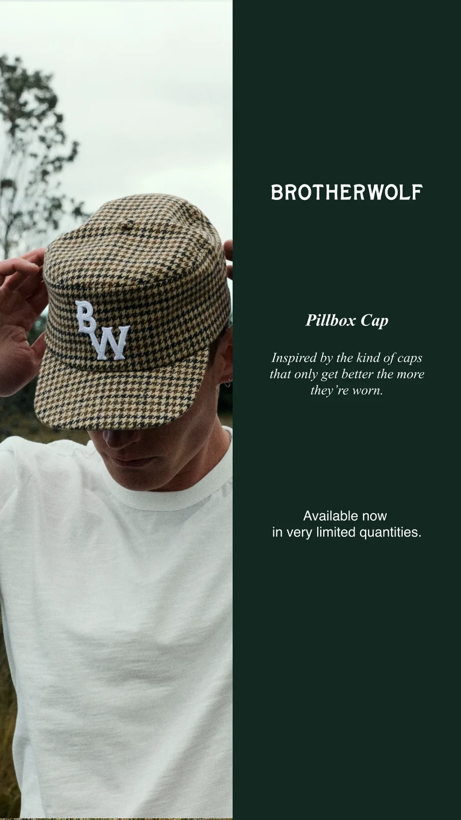 Brotherwolf Pillbox Cap in houndstooth, available now in very limited quantities