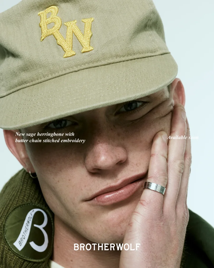 Brotherwolf new sage herringbone cap with butter chain stitched embroidery, available soon