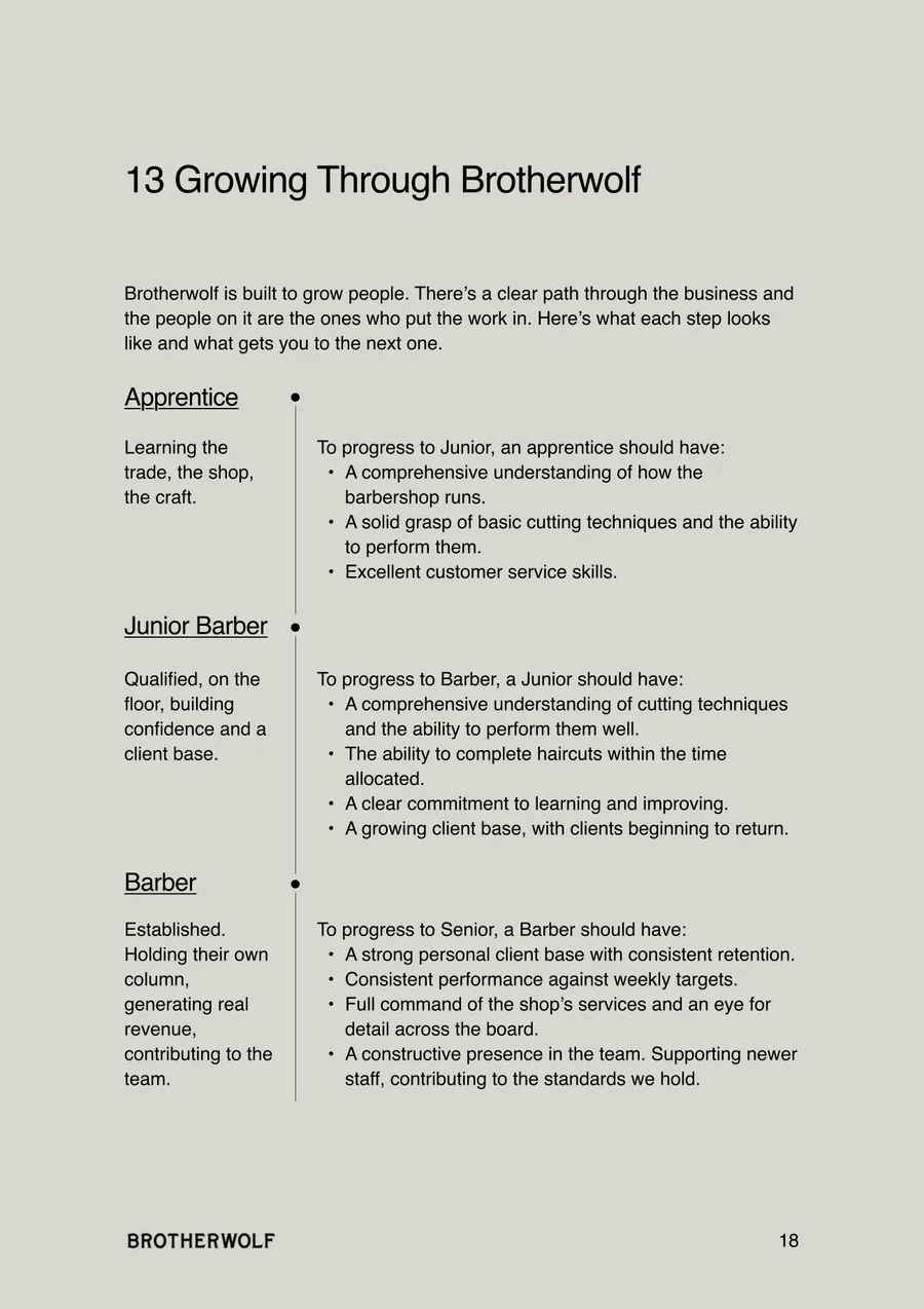 Handbook page: Growing Through Brotherwolf, the career progression