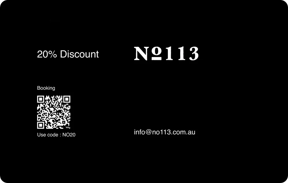 No.113 black business card with a 20 percent discount and QR code
