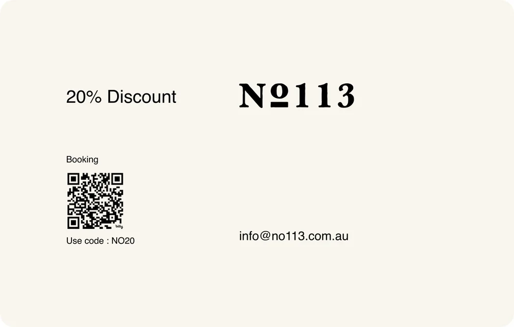 No.113 cream business card with a 20 percent discount and QR code