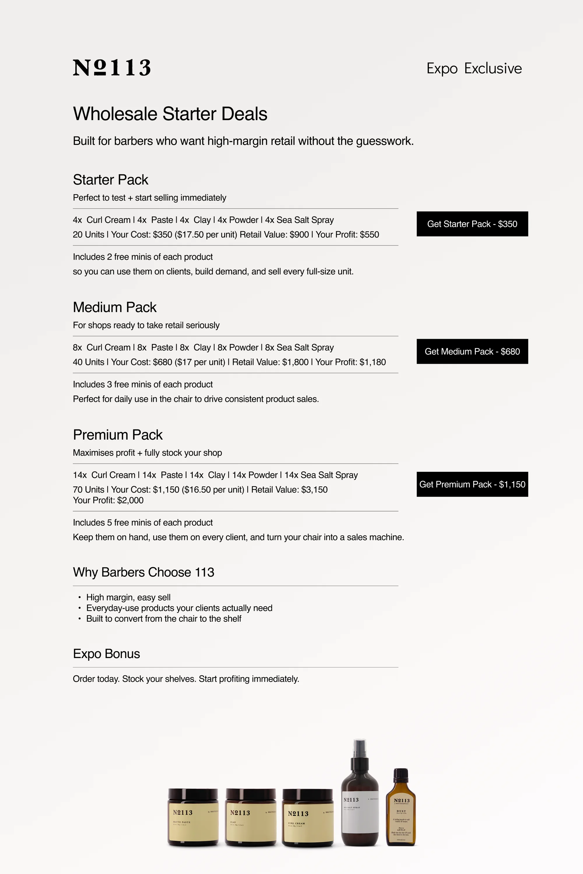 No.113 wholesale expo flyer with starter pack pricing