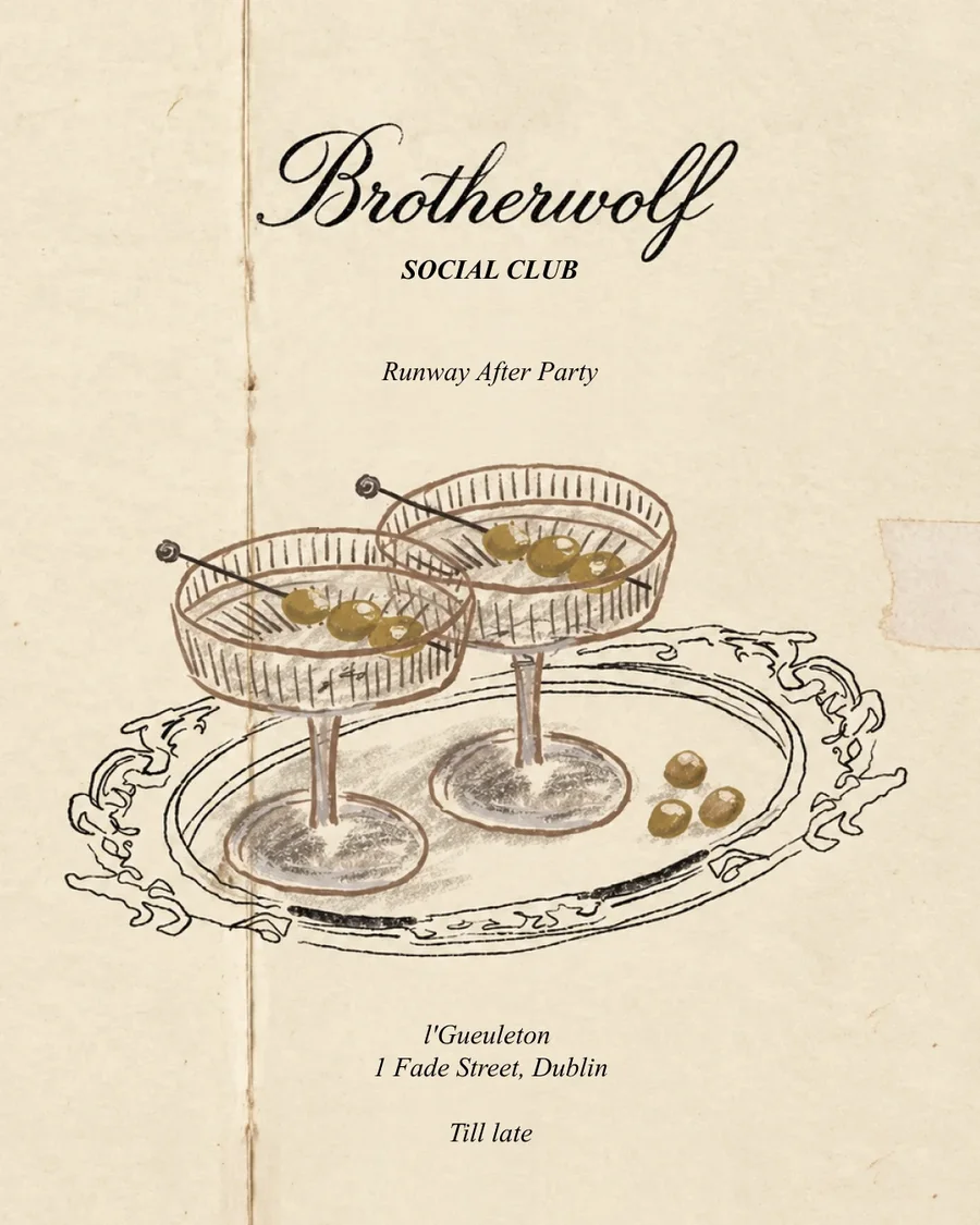 Brotherwolf Social Club Runway After Party invite with an illustrated tray of martinis on aged paper