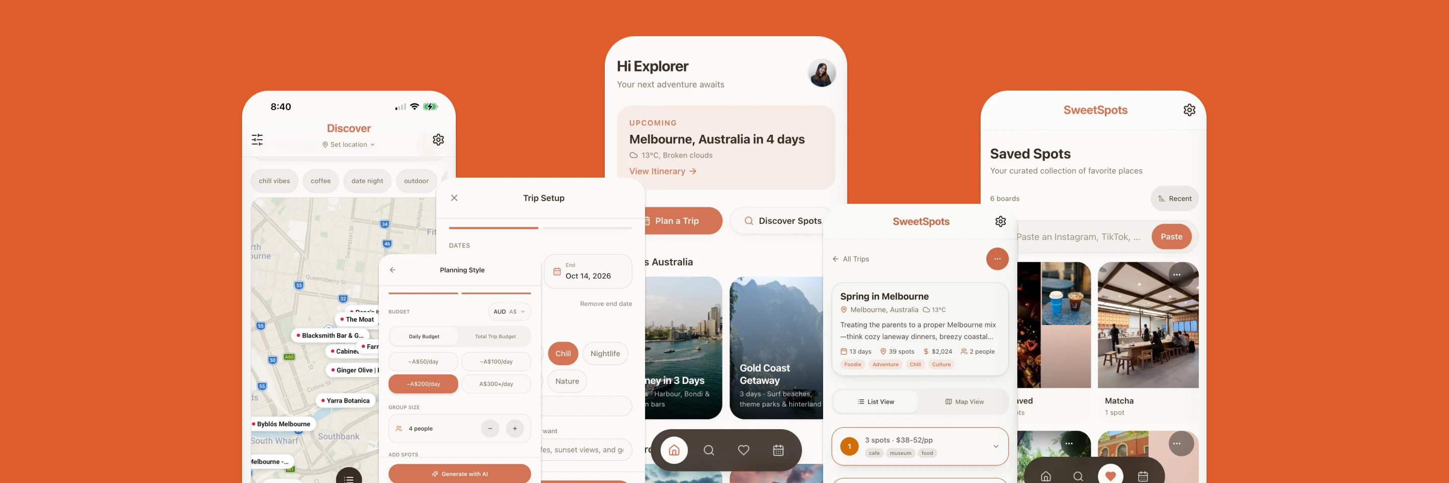 SweetSpots app screens: Saved Spots, Home, Discover and trip itinerary behind the Trip Setup, Planning Style and place detail cards, on an orange background