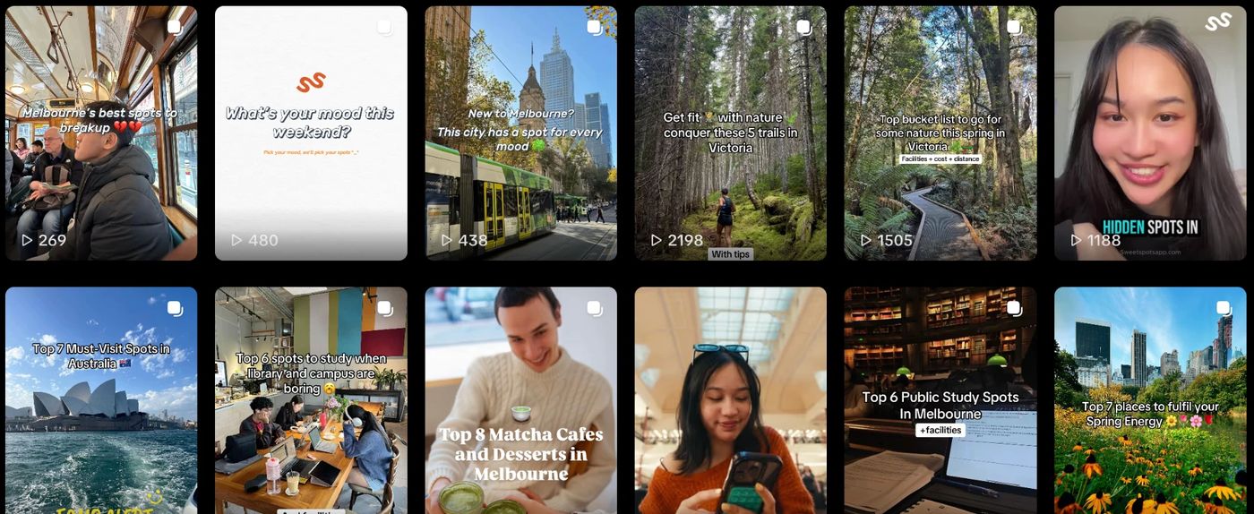 The SweetSpots TikTok video grid with view counts