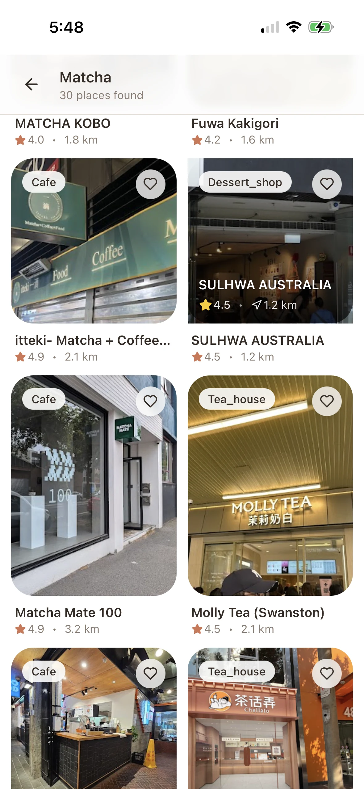 SweetSpots search results for Matcha, browsing places to select and save