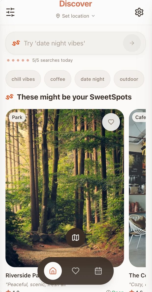 SweetSpots before: Discover as the landing page, with a vibe search box, 5 searches a day and place results