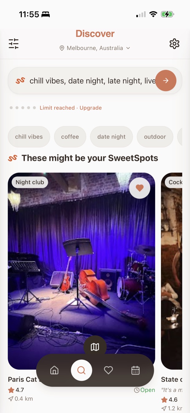 SweetSpots Discover tab: vibe search with keyword chips and place results