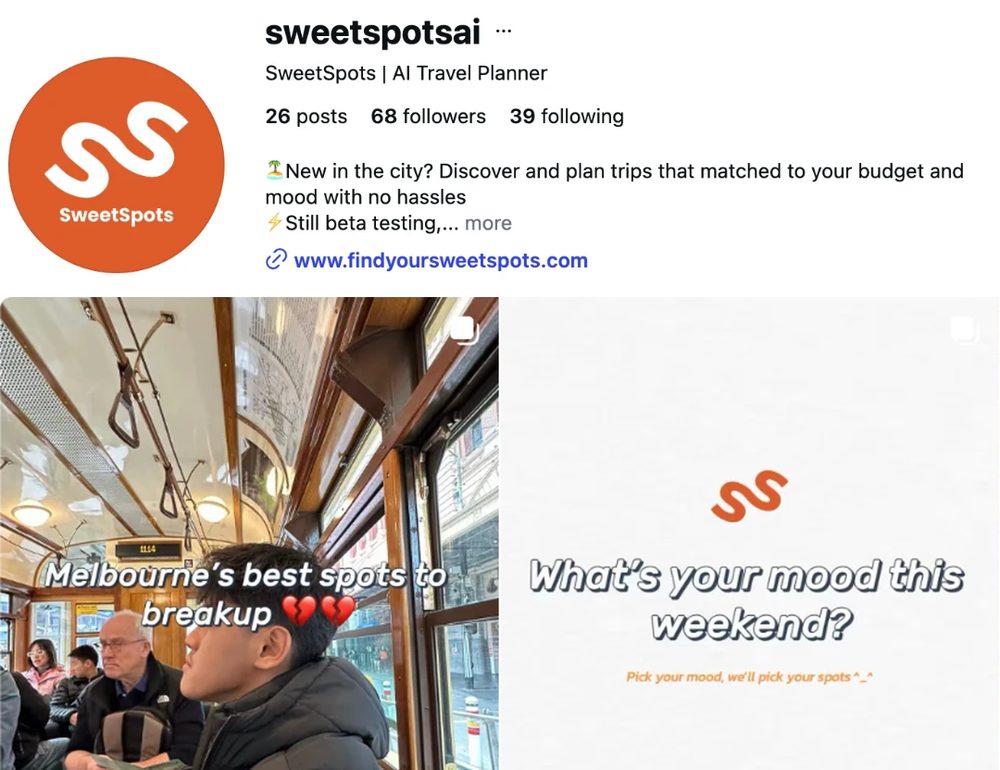 SweetSpots Instagram profile with posts about Melbourne spots and mood-based places