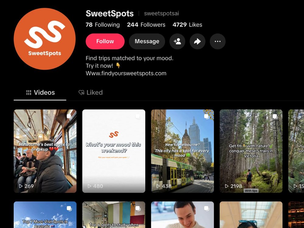 SweetSpots TikTok profile with videos about Melbourne spots and mood-based places